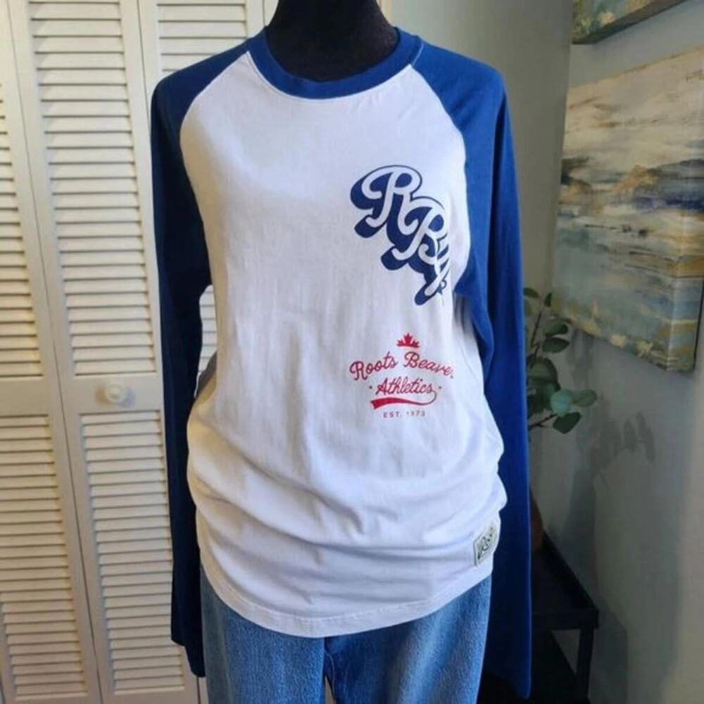 Roots Women’s Baseball Tee Cooper Raglan Cotton Blue White Size S